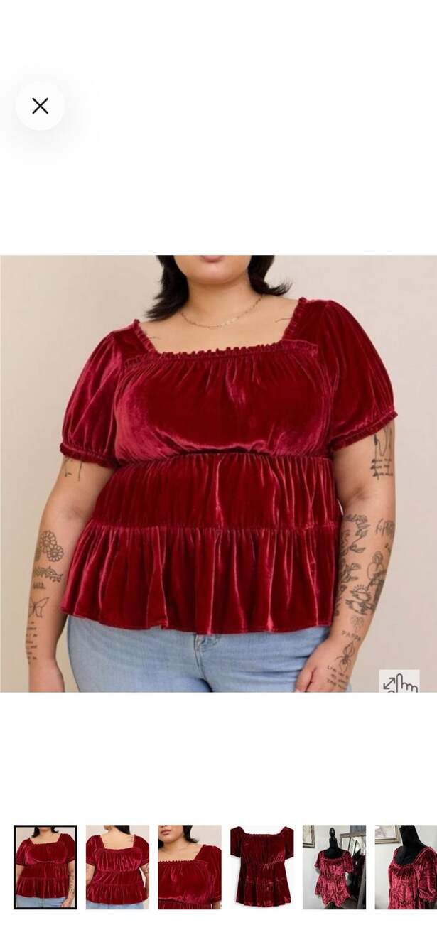 Torrid Size 2 Red Velvet Babydoll Tiered Top Square Neck Puff Sleeve NWT holiday